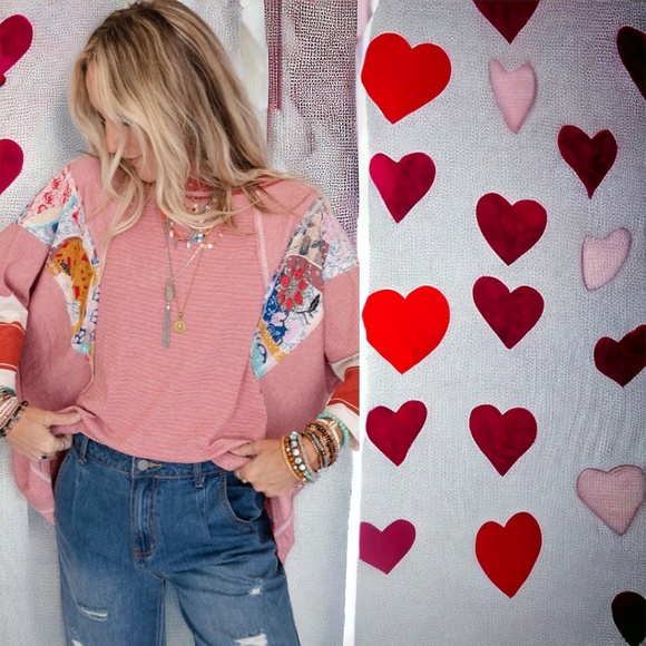 💖Red Striped and Floral Patchwork Oversize Top💖 - Picture 3 of 4